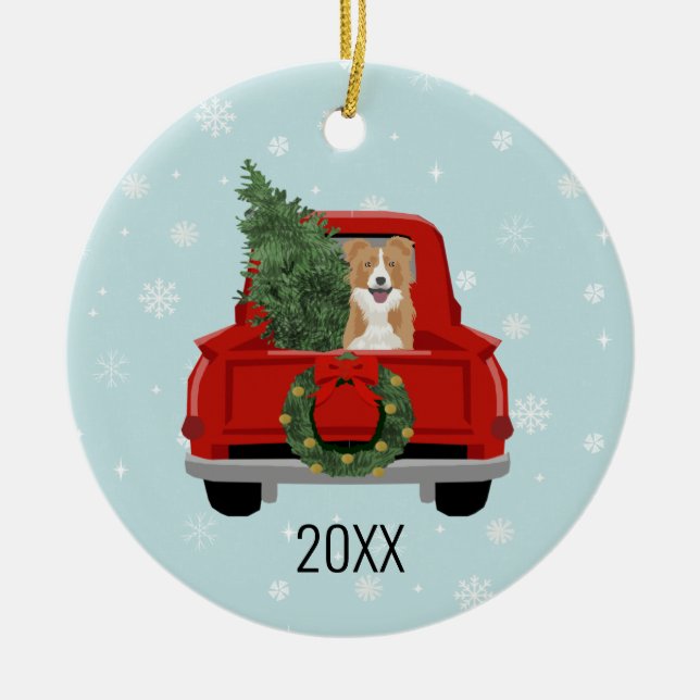 Border Collie Christmas Red Truck Keramik Ornament (Vorne)