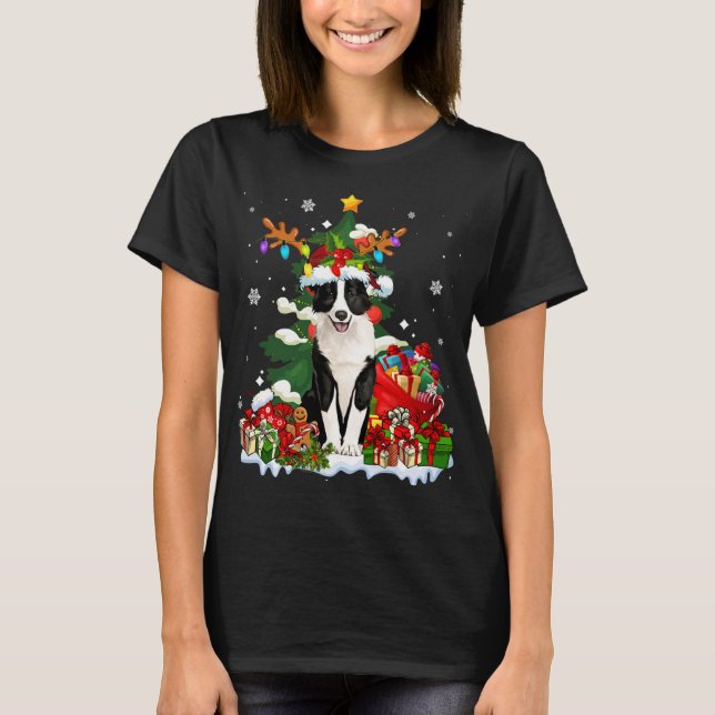 Border Collie Christmas Rentier Santa Light Hund P T-Shirt (Vorderseite)