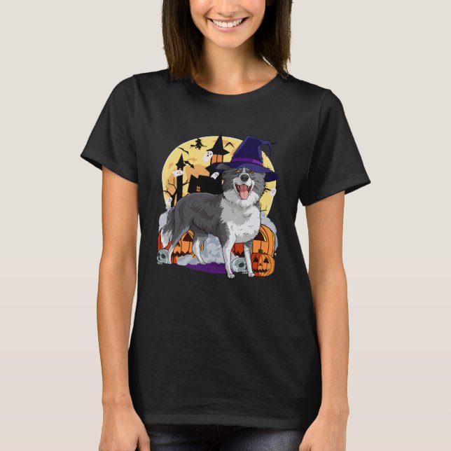 Border Collie Cute Dog Halloween Witch Pumpkin T-Shirt (Vorderseite)