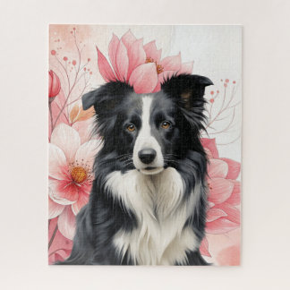 Border Collie Dog and Bold Pink Lilies