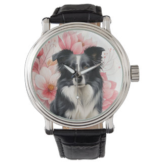 Border Collie Dog and Bold Pink Lilies Armbanduhr