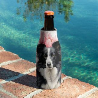 Border Collie Dog and Bold Pink Lilies Flaschenkühler