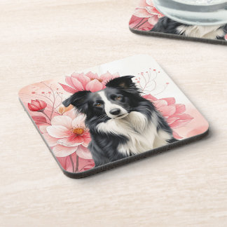 Border Collie Dog and Bold Pink Lilies Getränkeuntersetzer