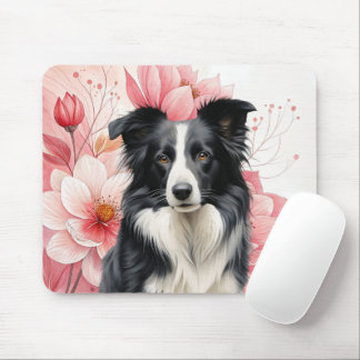 Border Collie Dog and Bold Pink Lilies Mousepad