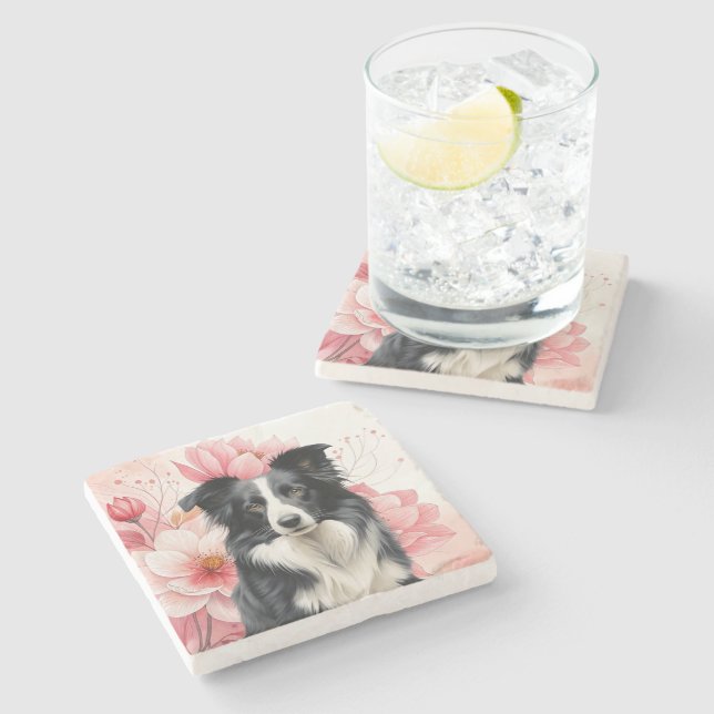 Border Collie Dog and Bold Pink Lilies Steinuntersetzer (Seitenansicht)