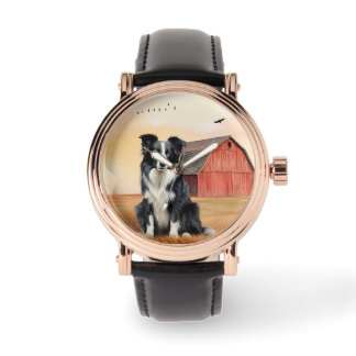 Border Collie Dog and Red Barn Ranch Armbanduhr