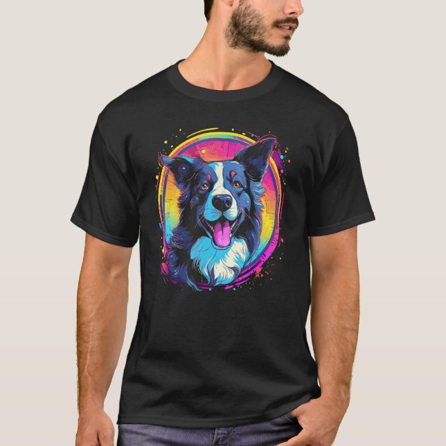Border Collie Dog Australian Shepherd 80s Retrowav T-Shirt (Vorderseite)