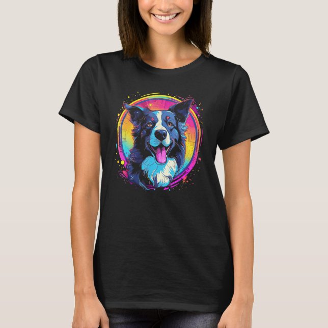 Border Collie Dog Australian Shepherd 80s Retrowav T-Shirt (Vorderseite)