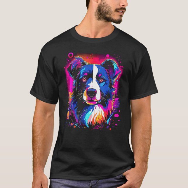 Border Collie Dog Australian Shepherd 80s Retrowav T-Shirt (Vorderseite)