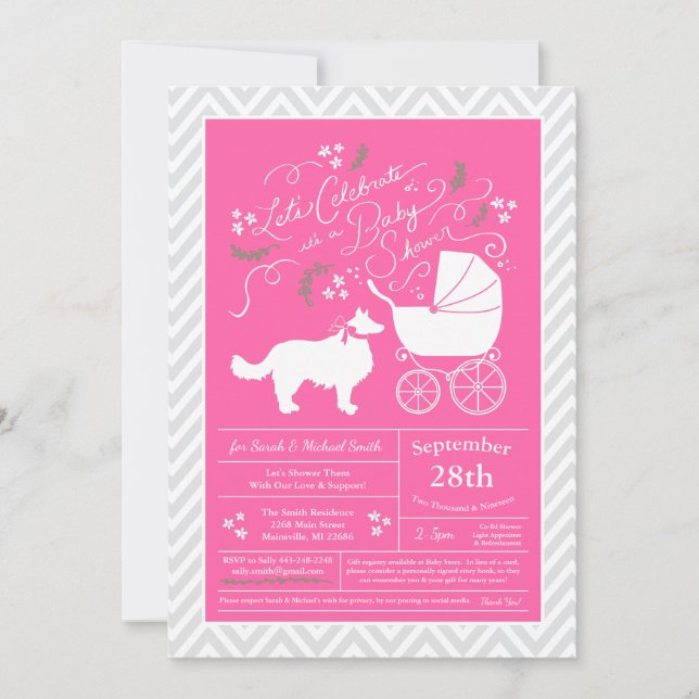 Border Collie Dog Baby Dusche Pink Girl Einladung (Vorderseite)