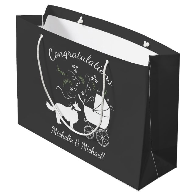 Border Collie Dog Baby Dusche Welpe Grau Große Geschenktüte (Rückseite Schrägansicht)