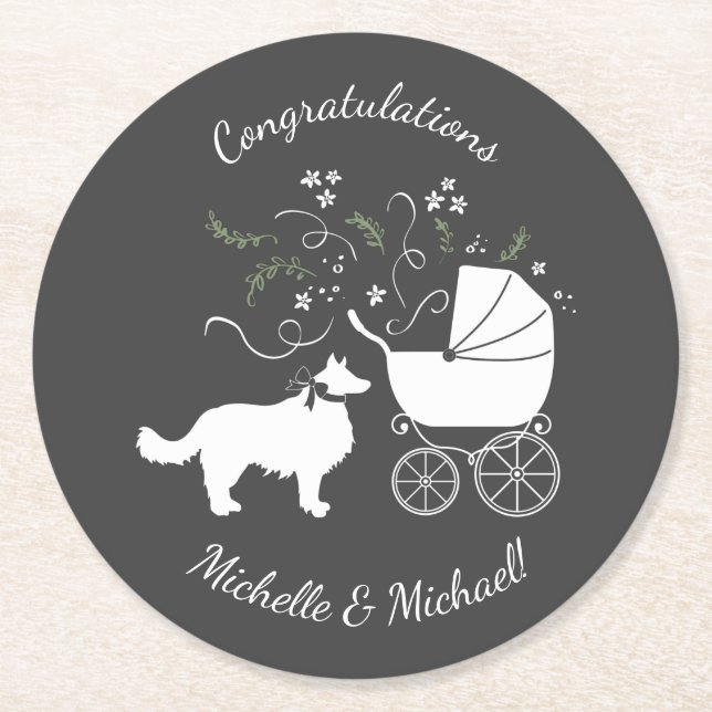 Border Collie Dog Baby Dusche Welpe Grau Runder Pappuntersetzer (Vorderseite)