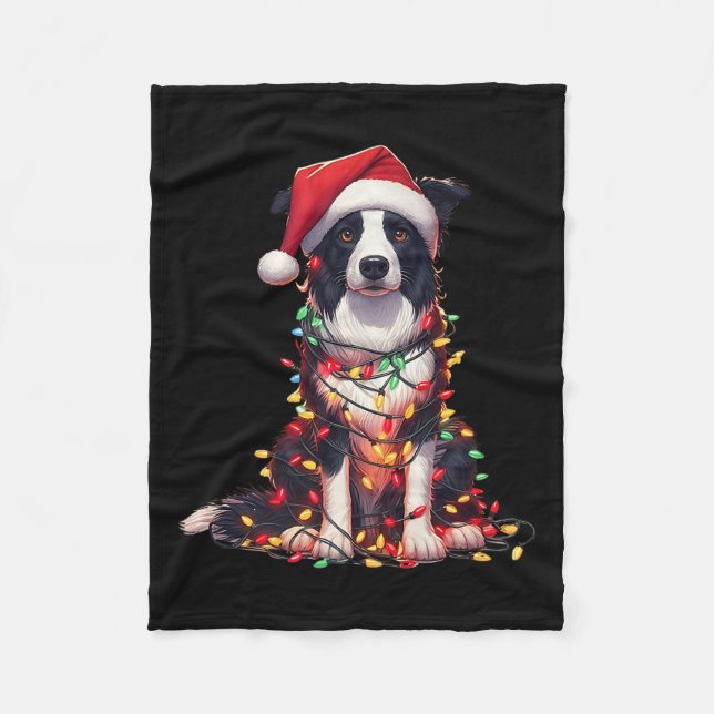 Border Collie Dog Christmas Lights Santa Hat Dog L Fleecedecke (Vorderseite)