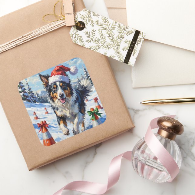 Border Collie Dog Christmas Snow Agility Fun Quadratischer Aufkleber (Schenken)