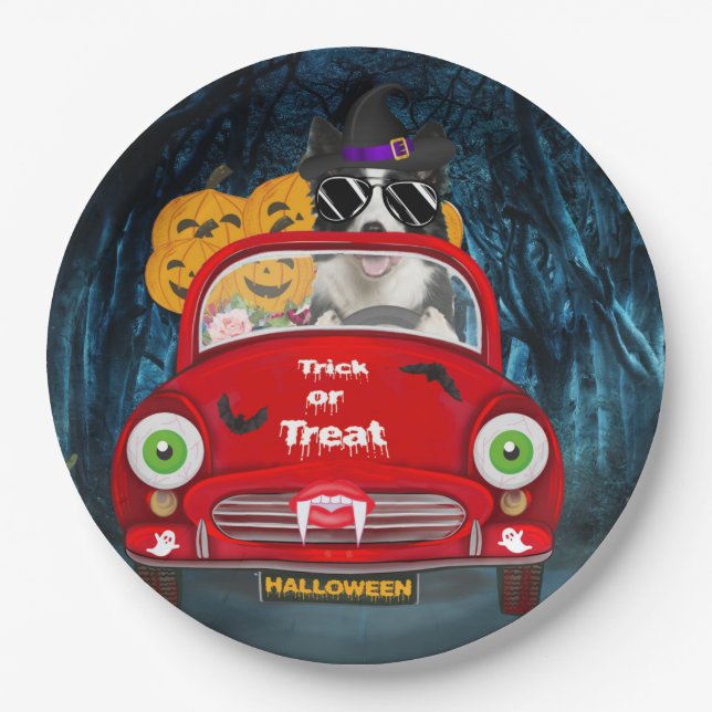 Border Collie Dog Driving Car Beängstigend Hallowe Pappteller (Vorderseite)