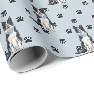 Border Collie Dog Druckmuster auf Silber Geschenkpapier