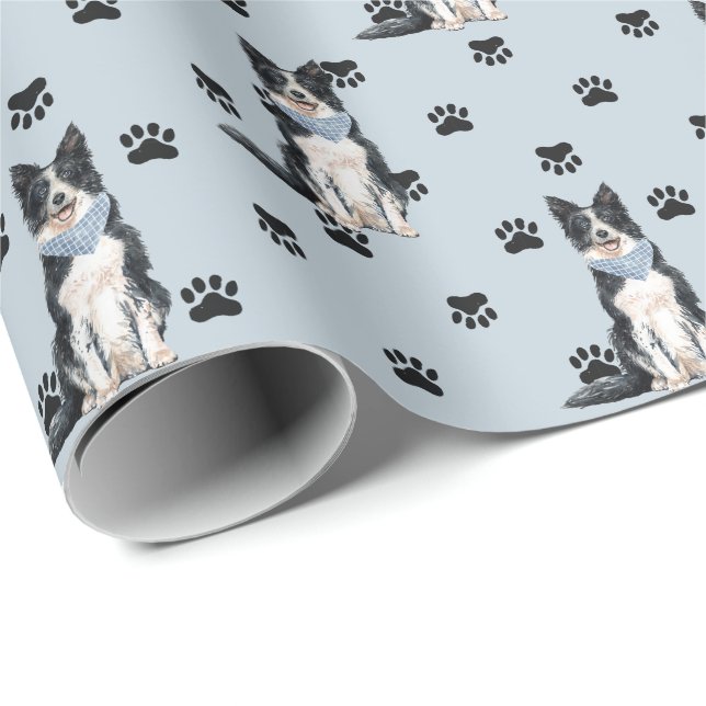 Border Collie Dog Druckmuster auf Silber Geschenkpapier (Rolleneckpunkt)