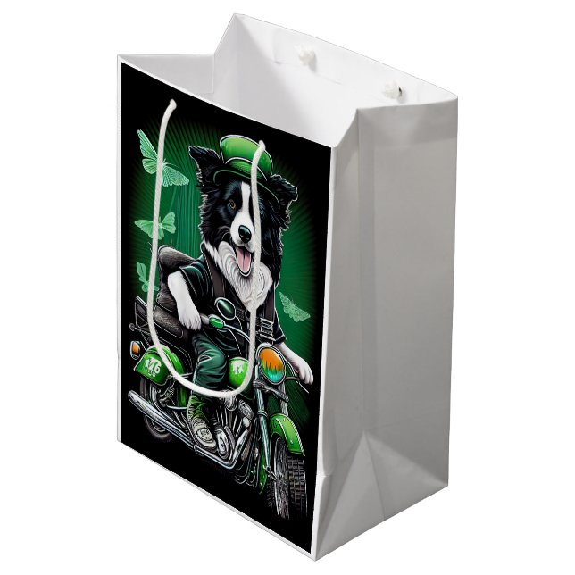 Border Collie Dog Fahrrad St. Patrick's Day Mittlere Geschenktüte (Vorderseite Schrägansicht)