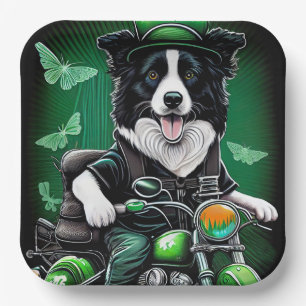 Border Collie Dog Fahrrad St. Patrick's Day Pappteller