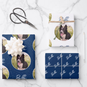 Border Collie Dog Foto Trendy Script Pet Name Geschenkpapier Set