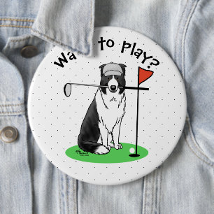 Border Collie Dog Golf spielen (schwarz & weiß) Sp Button