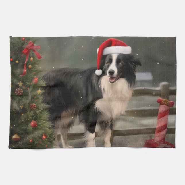 Border Collie Dog im Schnee Weihnachten Geschirrtuch (Horizontal)