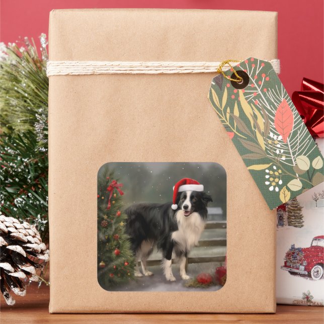 Border Collie Dog im Schnee Weihnachten Quadratischer Aufkleber (Feiertag)