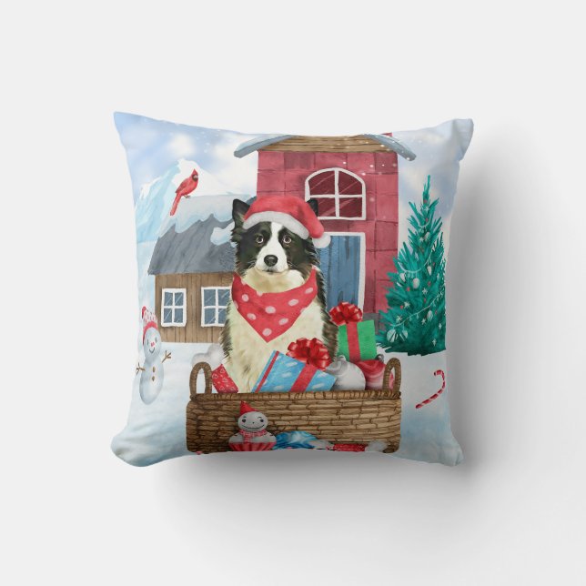 Border Collie Dog im Schnee Weihnachtshundehaus Kissen (Vorderseite)