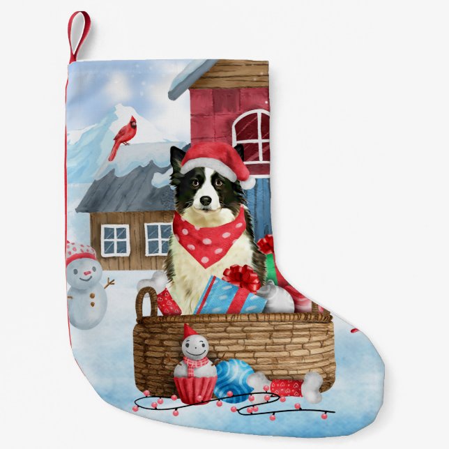 Border Collie Dog im Schnee Weihnachtshundehaus Kleiner Weihnachtsstrumpf (Vorderseite)