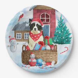 Border Collie Dog im Schnee Weihnachtshundehaus Pappteller