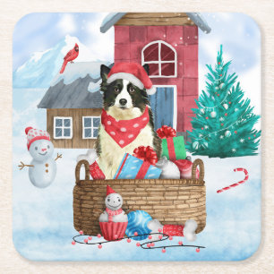 Border Collie Dog im Schnee Weihnachtshundehaus Rechteckiger Pappuntersetzer