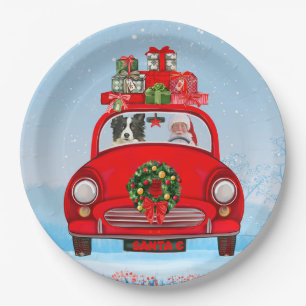 Border Collie Dog in Car mit dem Weihnachtsmann Pappteller