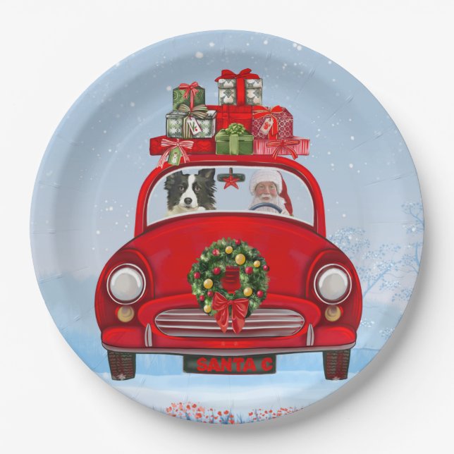 Border Collie Dog in Car mit dem Weihnachtsmann Pappteller (Vorderseite)