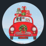 Border Collie Dog in Car mit dem Weihnachtsmann Runder Aufkleber<br><div class="desc">Der Weihnachtsmann,  der mit dem Auto Weihnachtsgeschenke mit dem Hund mitnimmt,  ist eine perfekte Weihnachtsgeschenkidee für Freunde von Hundefreunden. Dieses Weihnachtsfest ist sicher ein Muss Weihnachten Dekoration und Geschenk Idee.</div>