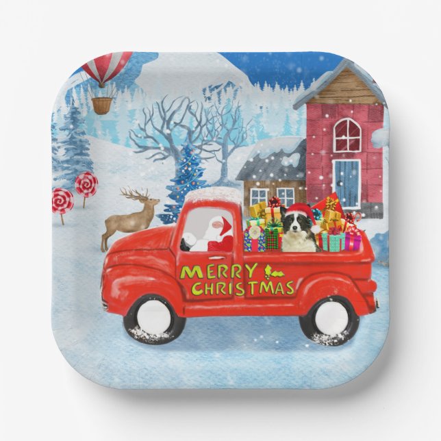 Border Collie Dog in Christmas Delivery LKW Schnee Pappteller (Vorderseite)