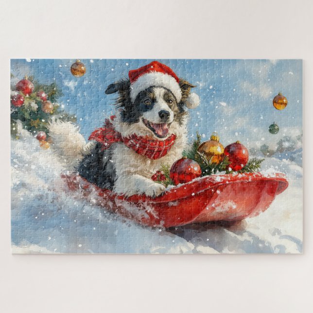 Border Collie Dog in Sledge Lass es Schnee Weihnac (Horizontal)