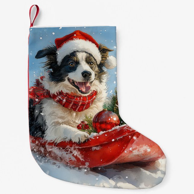 Border Collie Dog in Sledge Lass es Schnee Weihnac Kleiner Weihnachtsstrumpf (Vorderseite)