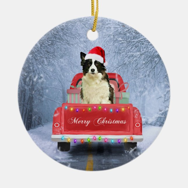 Border Collie Dog in Snow sitzen in Weihnachten Keramik Ornament (Vorne)