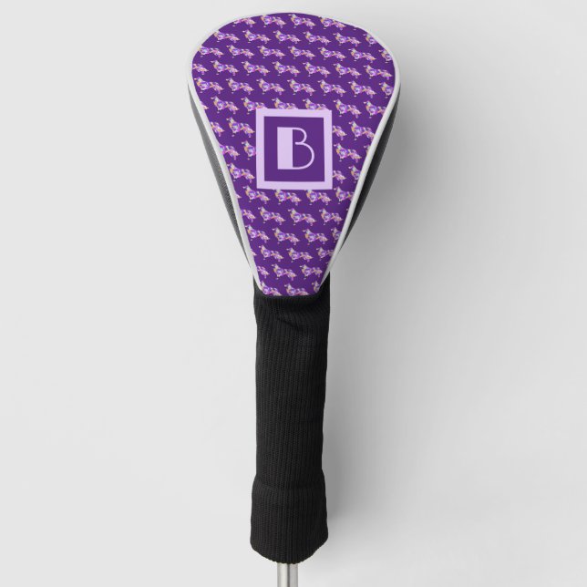 Border Collie Dog Lila Silhouette Monogramm Golf Headcover (Vorderseite)