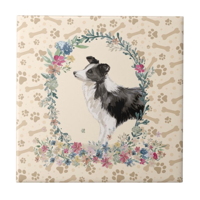 Border Collie Dog Paw Print Floral Niedlich Beige Fliese (Vorderseite)