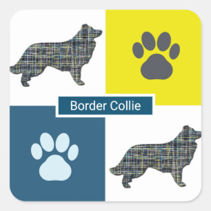 Border Collie Dog & Paw Y&B Grid Square Sticker