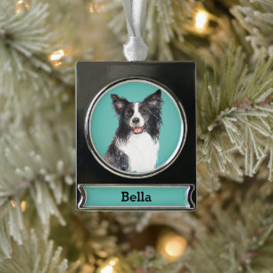 Border Collie Dog Portrait Personalisiert Banner-Ornament Silber