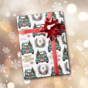 Border Collie Dog Retro Truck Monogramm Weihnachte Geschenkpapier