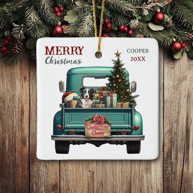 Border Collie Dog Retro Truck Weihnachten Keramikornament (Von Creator hochgeladen)