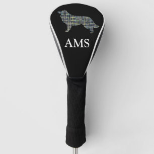 Border Collie Dog Silhouette Y&Blue Grid Golf Headcover