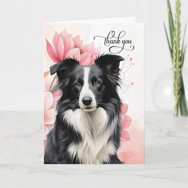 Border Collie Dog Soft Pink Botanical Blooms Dankeskarte (Vorderseite)