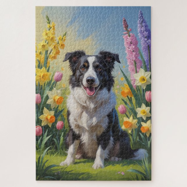 Border Collie Dog Spring Blumen Malerei (Vertikal)