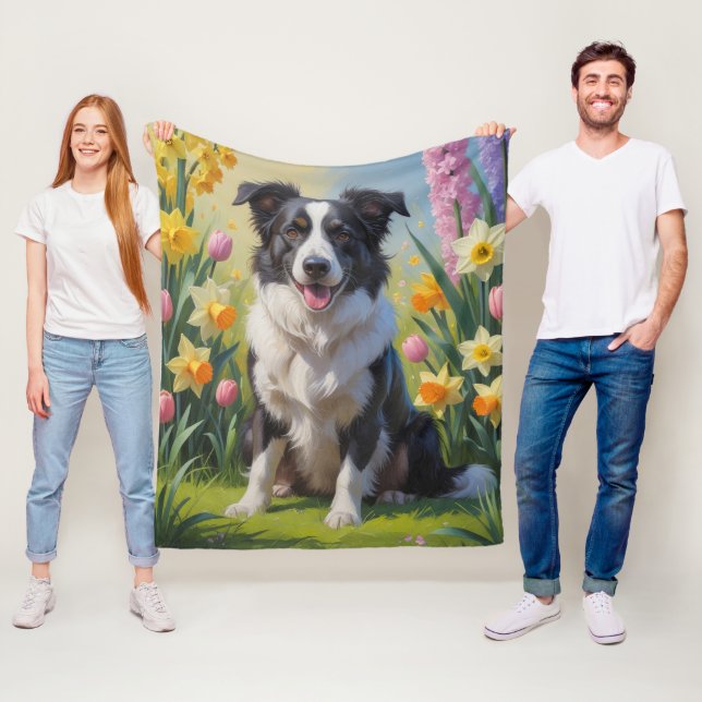 Border Collie Dog Spring Blumen Malerei Fleecedecke (Beispiel)