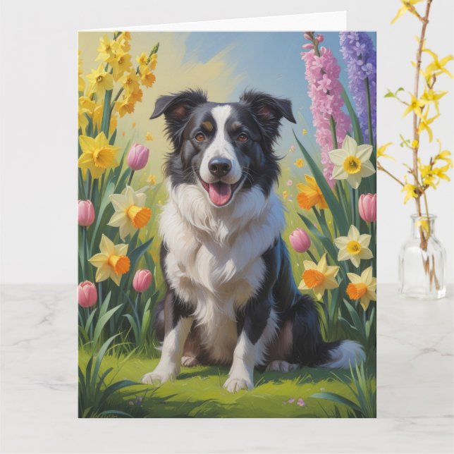 Border Collie Dog Spring Blumen Malerei Karte (Gelbe Blume)
