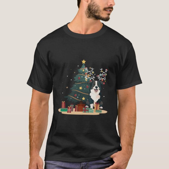 Border Collie Dog Tree Christmas Sweater Pet Dog L T-Shirt (Vorderseite)